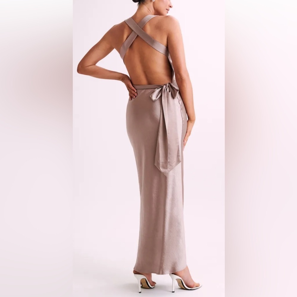 Meshki Taupe Backless Satin Cowl Maxi Formal Elegant Dress Size XXL. P-15